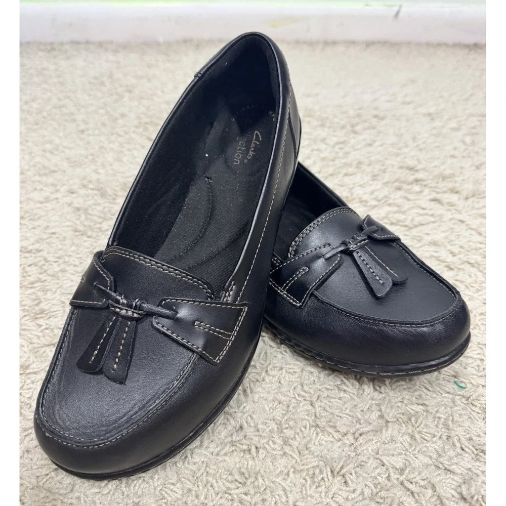 Clarks Ashland Bubble Black Leather Slip On Comfort‎ Loafers Size 8.5 XW Tassels
